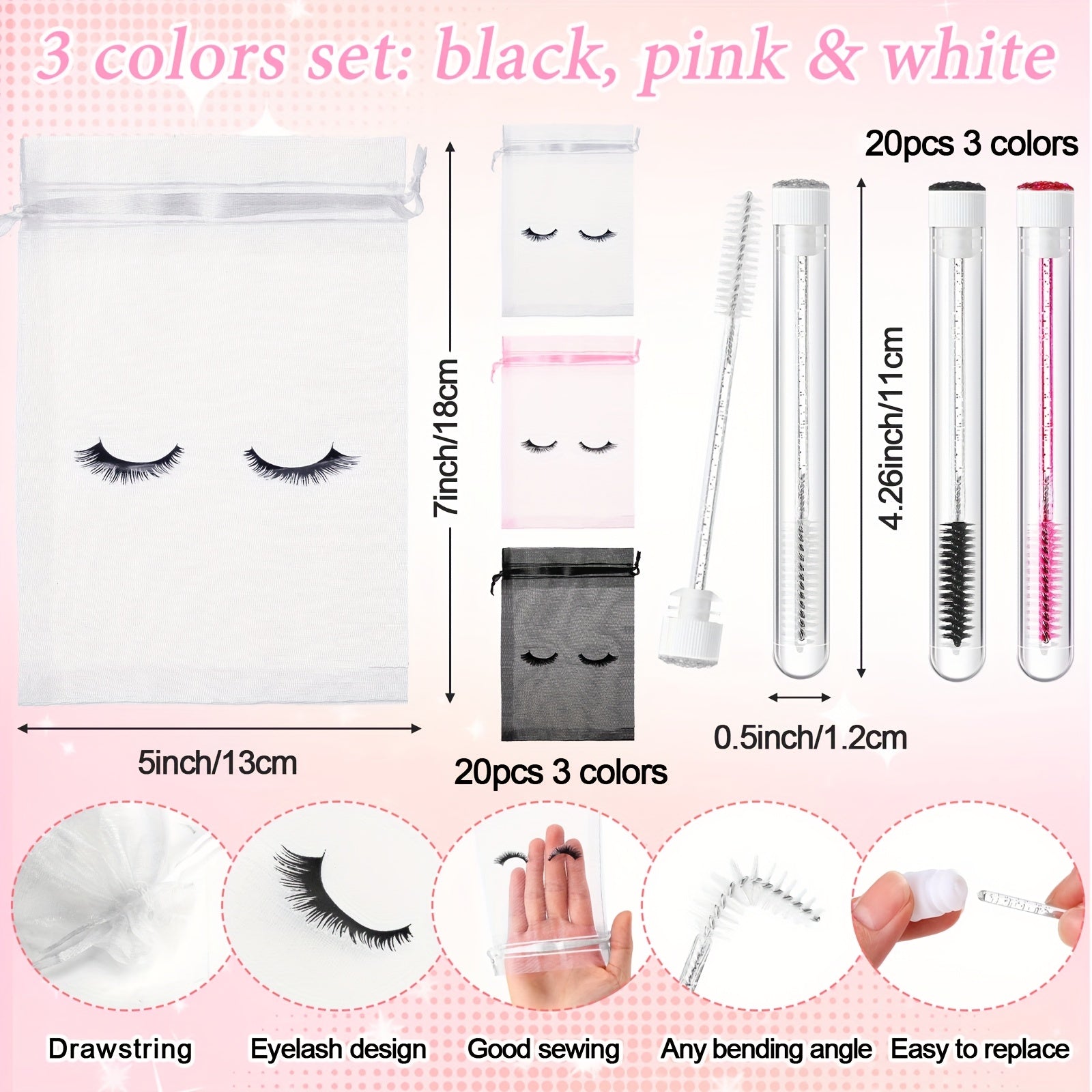 Lash Cleaning Kit - 80pcs 20 Eyelash Shampoo Foam Pump Dispensers, 20 Lash Aftercare Bag, Brushes, Pipes, Colorful For Party Favors
